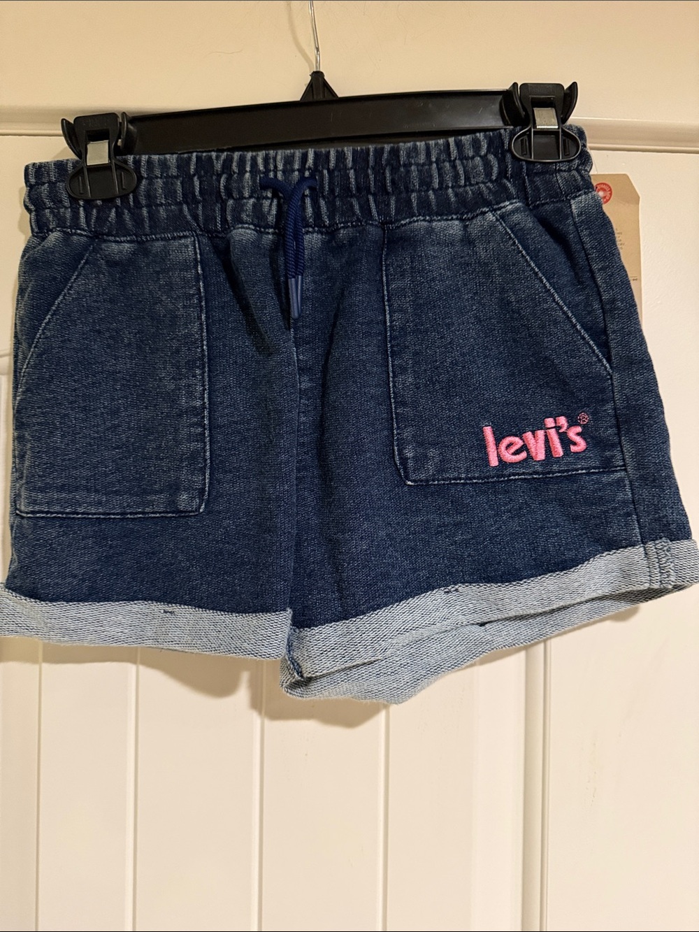 Levi's Dark Blue Denim Shorts with Pink Logo Accent